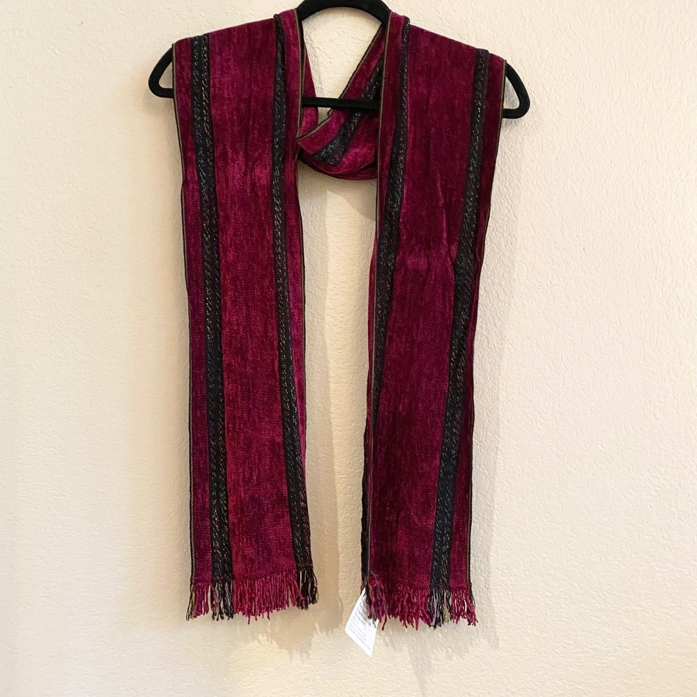 Handwoven Mary Ippel Scarf Magenta Black Geometric Fringe Velvet Texture
